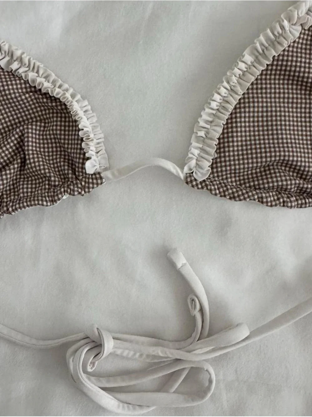 Frankie's Bikinis Brown Gingham Triangle Top with White Ruffle